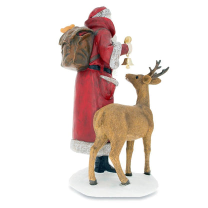 Santa Holding Christmas Tree and Bell by Reindeer Figurine 12 Inches