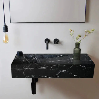 Black Marble Wall Mount Bathroom Sink Modern Polished Finish