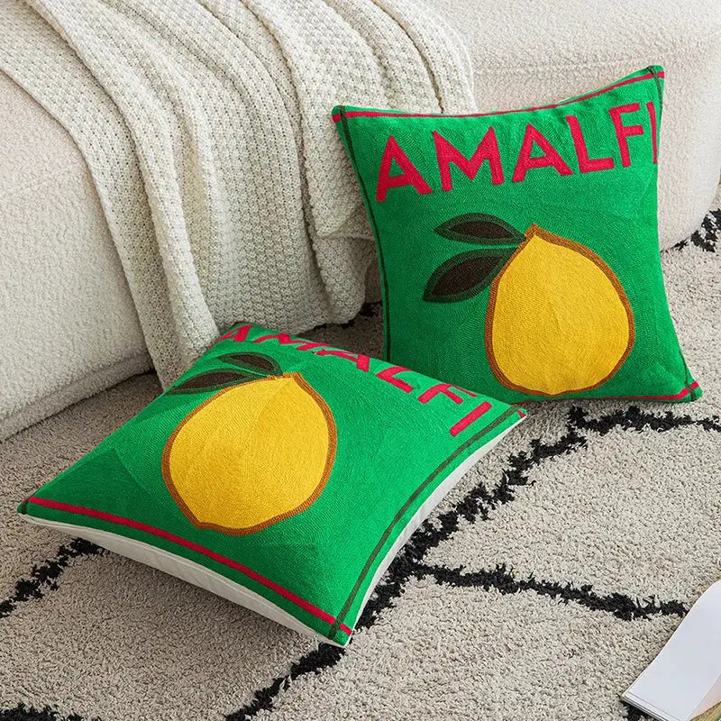 Amalfi embroidered lemon cushion cover living room green pillow