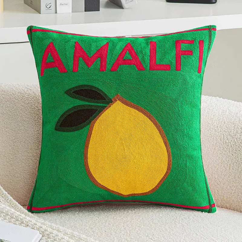 Amalfi embroidered lemon cushion cover living room green pillow