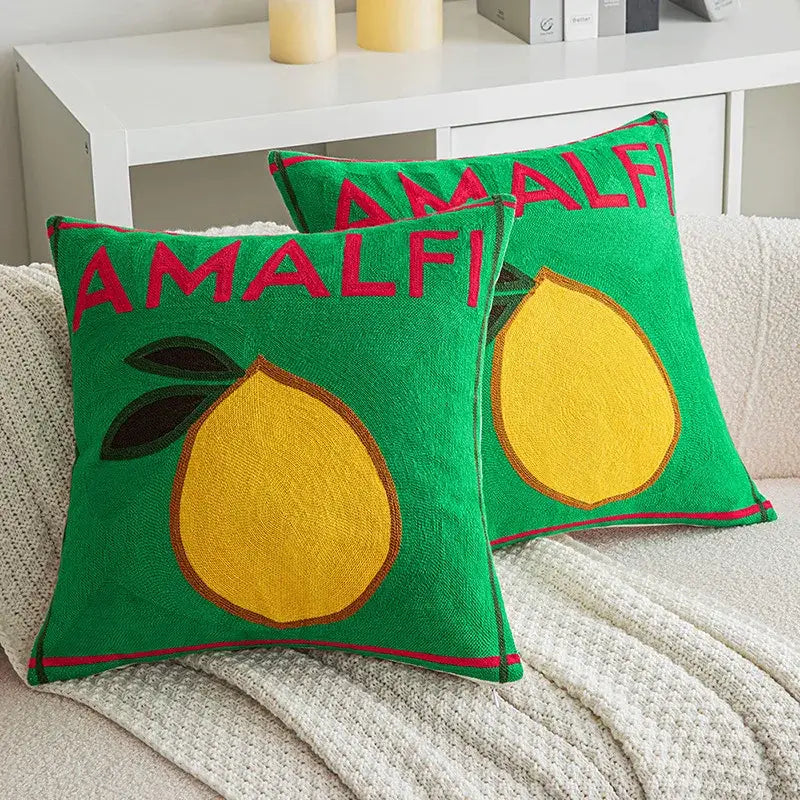 Amalfi embroidered lemon cushion cover living room green pillow