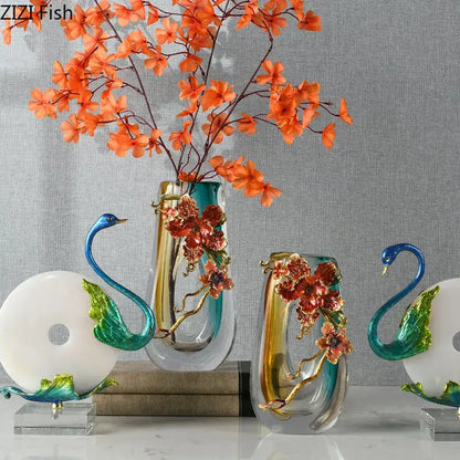 Amber & blue gradient glass floral relief vase – living room decor