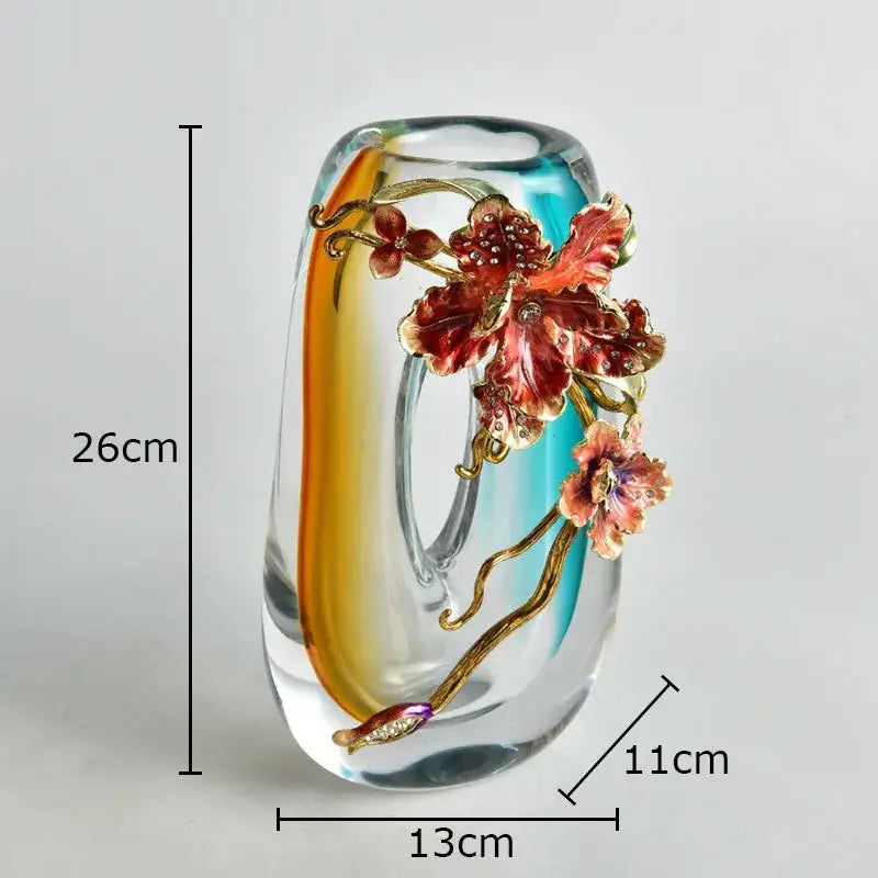 Amber & blue gradient glass floral relief vase – living room decor