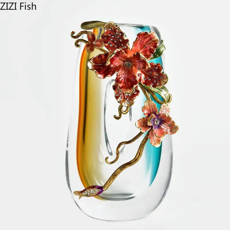 Amber & blue gradient glass floral relief vase – living room decor