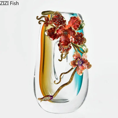 Amber & blue gradient glass floral relief vase – living room decor