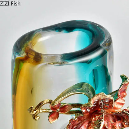 Amber & blue gradient glass floral relief vase – living room decor