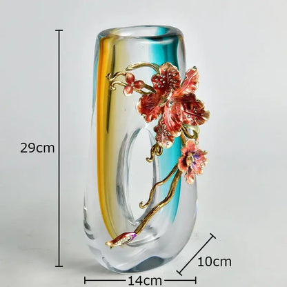 Amber & blue gradient glass floral relief vase – living room decor