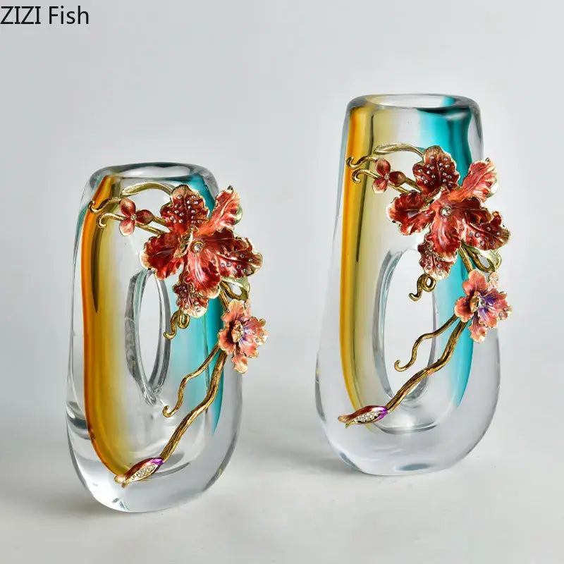 Amber & blue gradient glass floral relief vase – living room decor