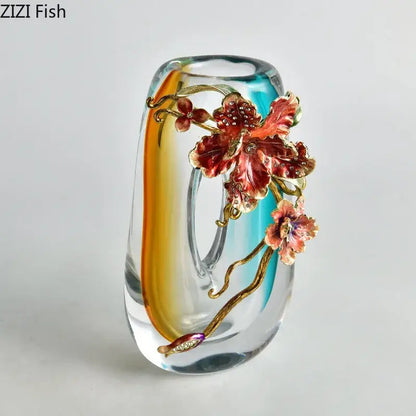 Amber & blue gradient glass floral relief vase – living room decor
