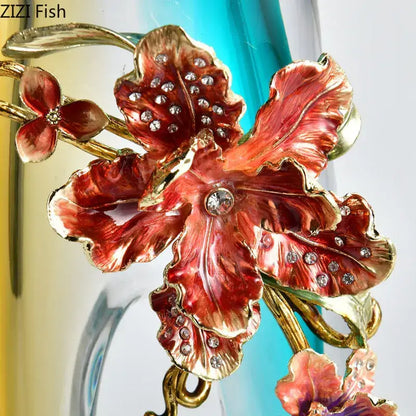 Amber & blue gradient glass floral relief vase – living room decor