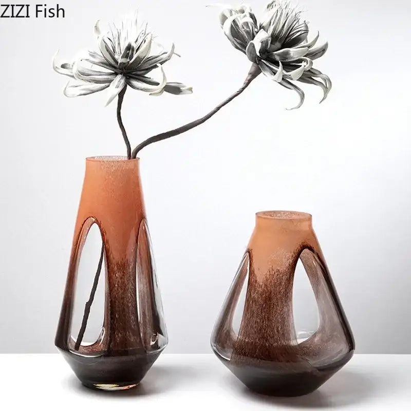 Amber & brown dual color glass vase living room hydroponic decor