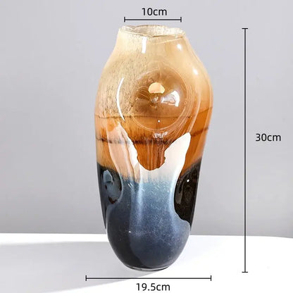 Amber & brown gradient glass vase irregular floral arrangement living room