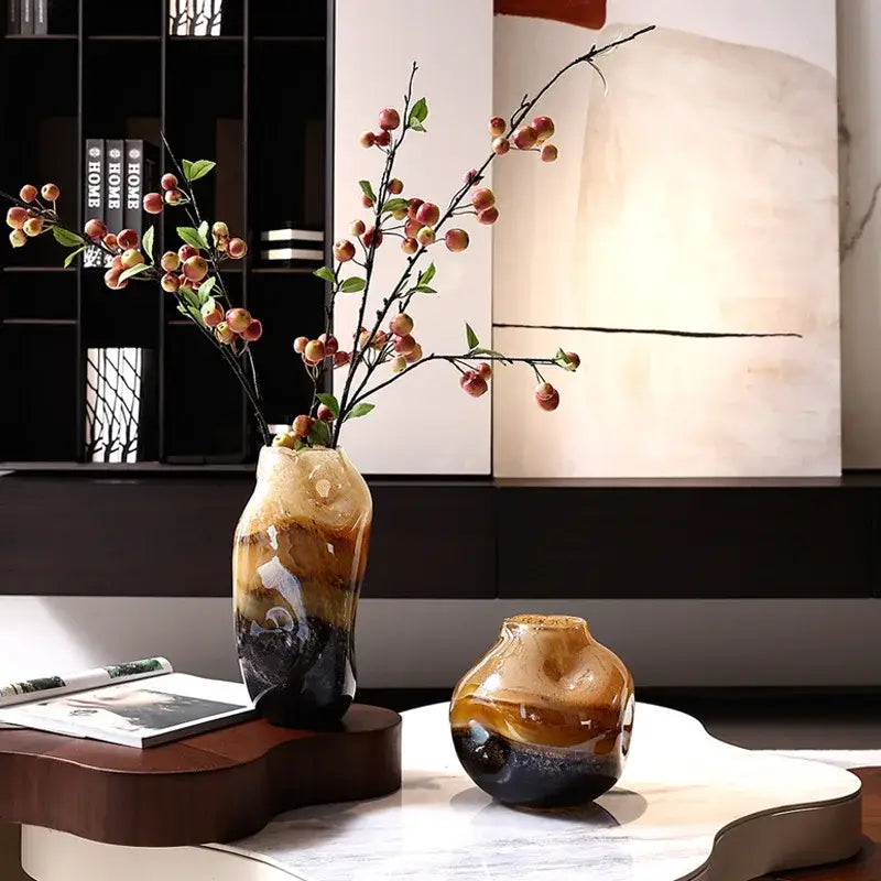Amber & brown gradient glass vase irregular floral arrangement living room
