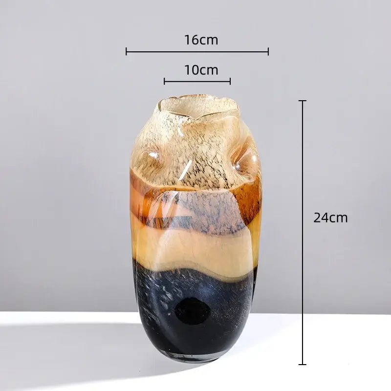 Amber & brown gradient glass vase irregular floral arrangement living room