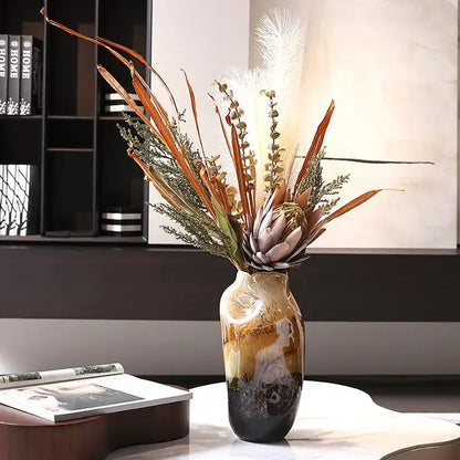 Amber & brown gradient glass vase irregular floral arrangement living room