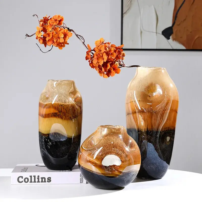 Amber & brown gradient glass vase irregular floral arrangement living room