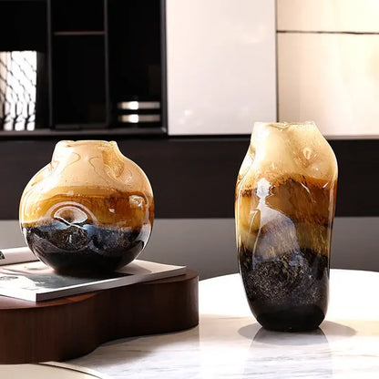 Amber & brown gradient glass vase irregular floral arrangement living room