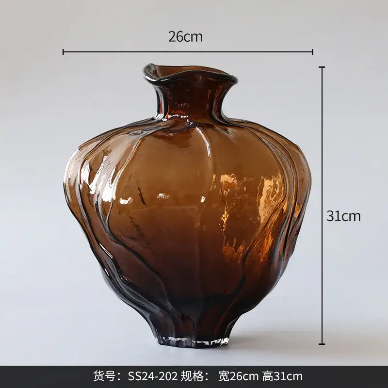 Amber brown wavy grain glass pumpkin vase living room decor