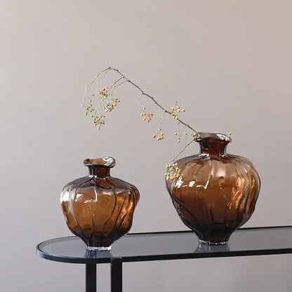 Amber brown wavy grain glass pumpkin vase living room decor