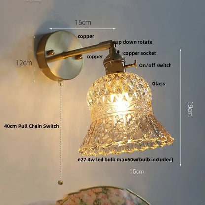 Amber flower crystal glass wall light fixture bedroom pull chain