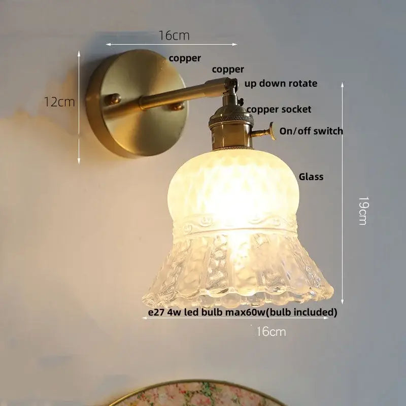 Amber flower crystal glass wall light fixture bedroom pull chain