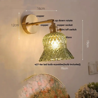 Amber flower crystal glass wall light fixture bedroom pull chain