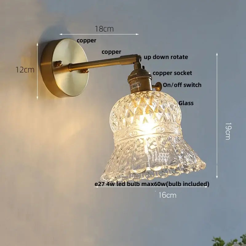 Amber flower crystal glass wall light fixture bedroom pull chain