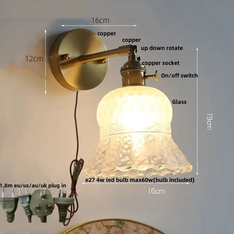 Amber flower crystal glass wall light fixture bedroom pull chain
