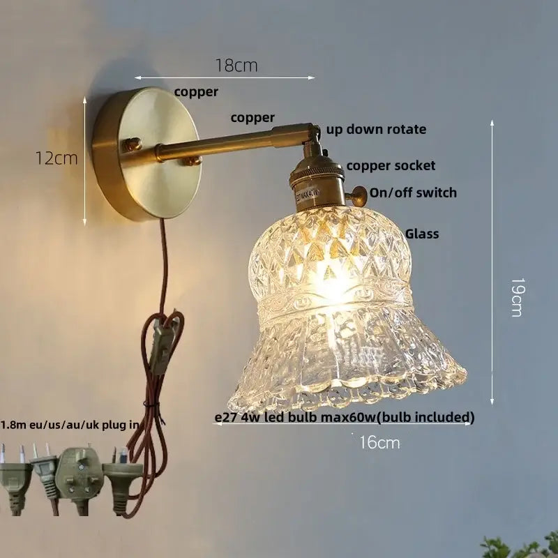 Amber flower crystal glass wall light fixture bedroom pull chain