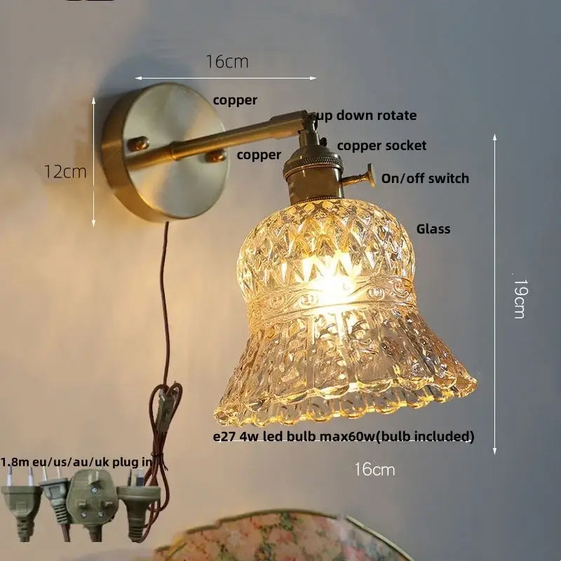 Amber flower crystal glass wall light fixture bedroom pull chain