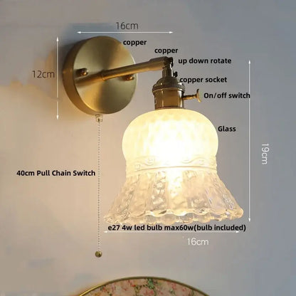 Amber flower crystal glass wall light fixture bedroom pull chain