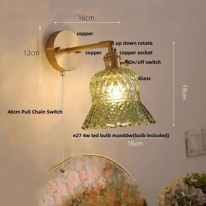 Amber flower crystal glass wall light fixture bedroom pull chain