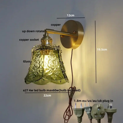 Amber flower crystal glass wall light fixture bedroom pull chain