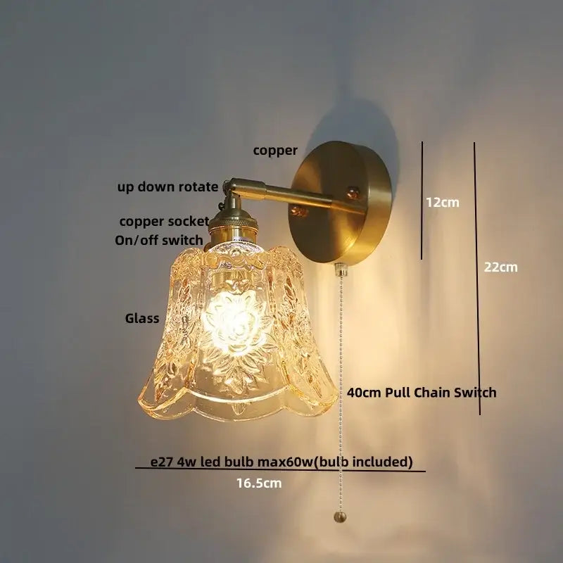 Amber flower crystal glass wall light fixture bedroom pull chain