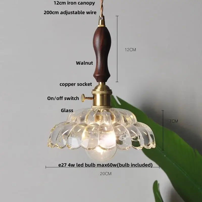 Amber flower glass pendant light for dining room brass finish