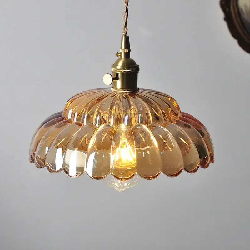 Amber flower glass pendant light for dining room brass finish
