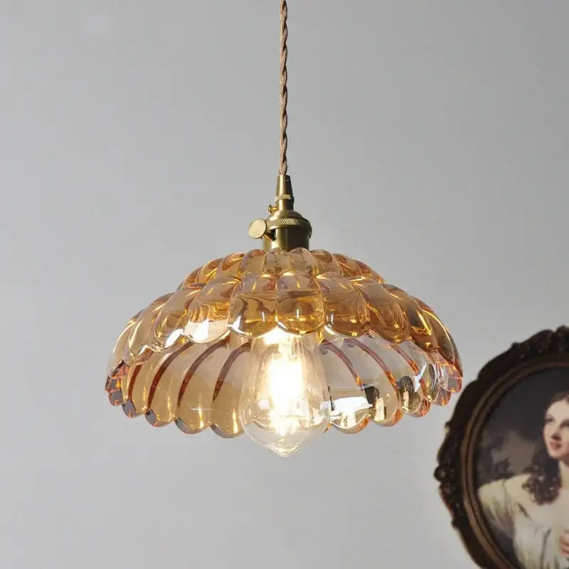 Amber flower glass pendant light for dining room brass finish