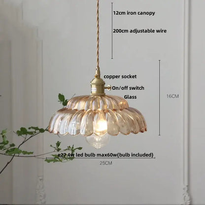 Amber flower glass pendant light for dining room brass finish