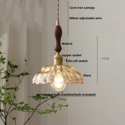 Amber flower glass pendant light for dining room brass finish