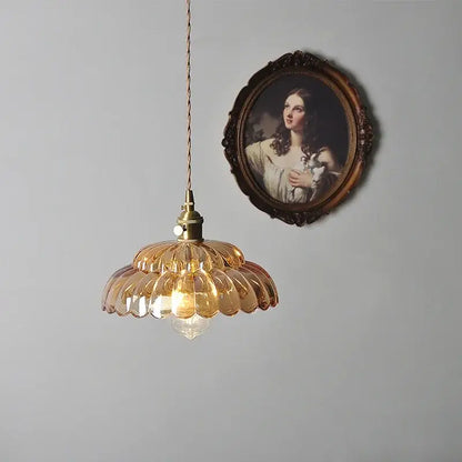 Amber flower glass pendant light for dining room brass finish