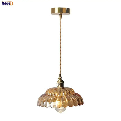 Amber flower glass pendant light for dining room brass finish