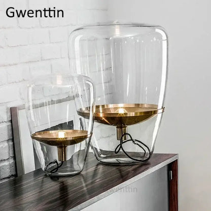 Amber glass and brass led table lamp for bedroom lighting
