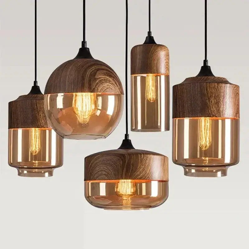 Amber glass and natural wood pendant light fixture for dining room