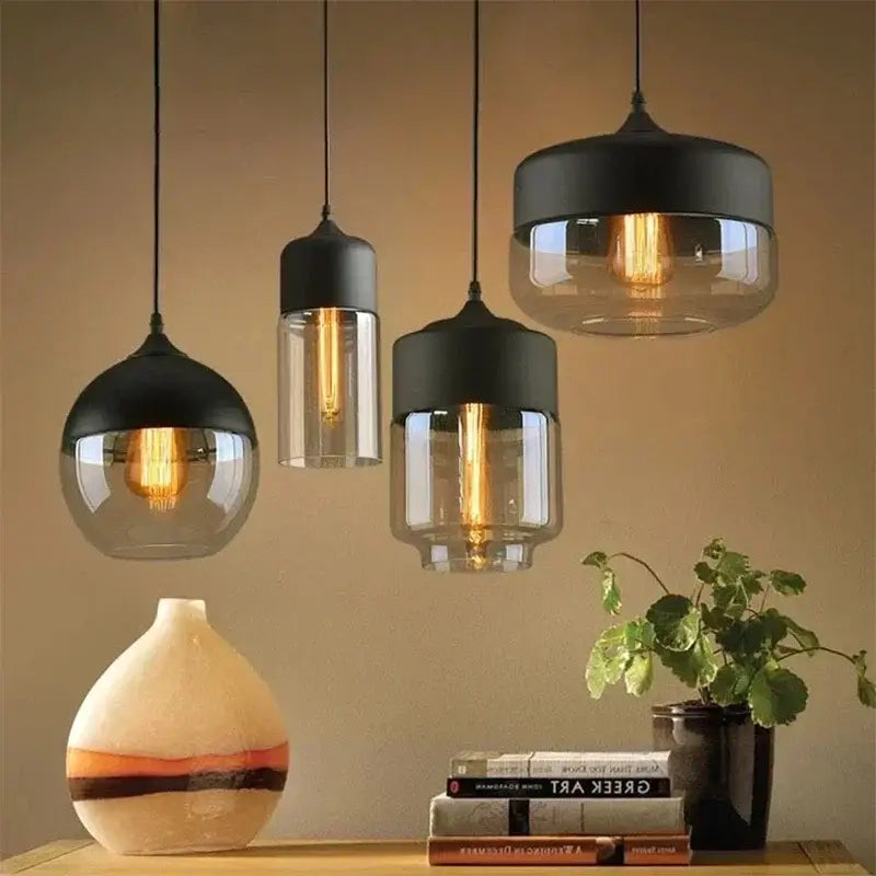 Amber glass and natural wood pendant light fixture for dining room