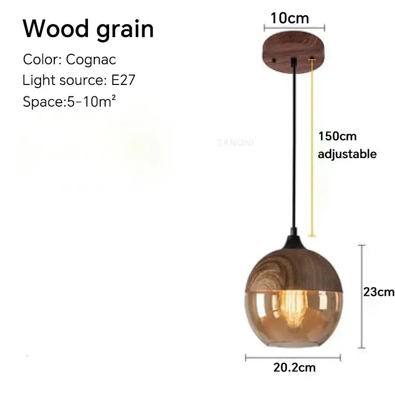 Amber glass and natural wood pendant light fixture for dining room