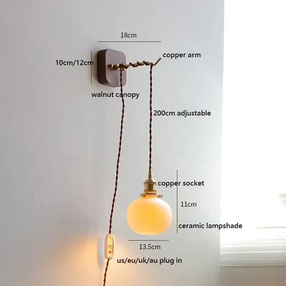 Amber glass ceramic ball led wall lights for bedroom with pull chain