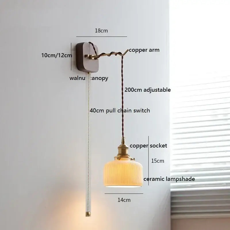 Amber glass ceramic ball led wall lights for bedroom with pull chain