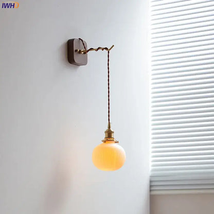 Amber glass ceramic ball led wall lights for bedroom with pull chain