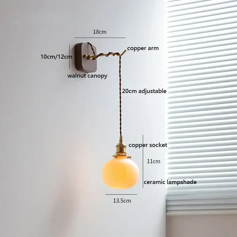 Amber glass ceramic ball led wall lights for bedroom with pull chain