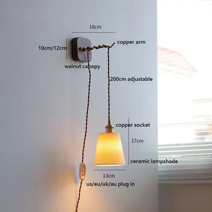 Amber glass ceramic ball led wall lights for bedroom with pull chain